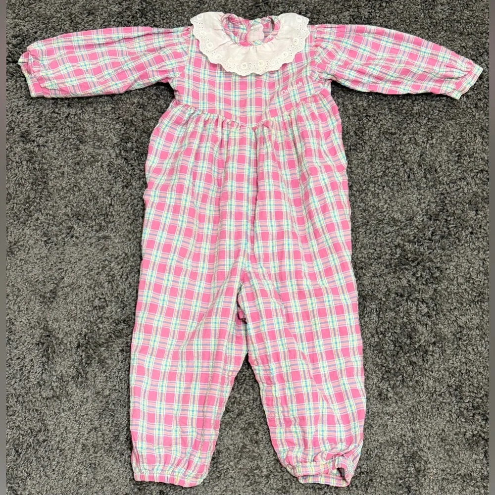 OSH KOSH Vintage Pink Plaid White Eyelet Collar Jumpsuit Bubble size 24 Months